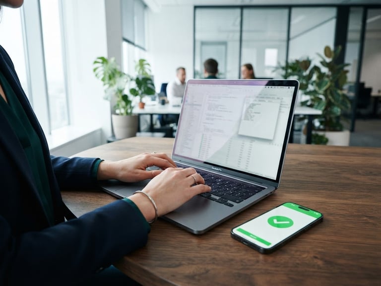 Close-up of hands typing on a laptop in a bright modern workspace, cool daylight, smartphone displaying a secure green validation checkmark nearby, 35mm professional photography