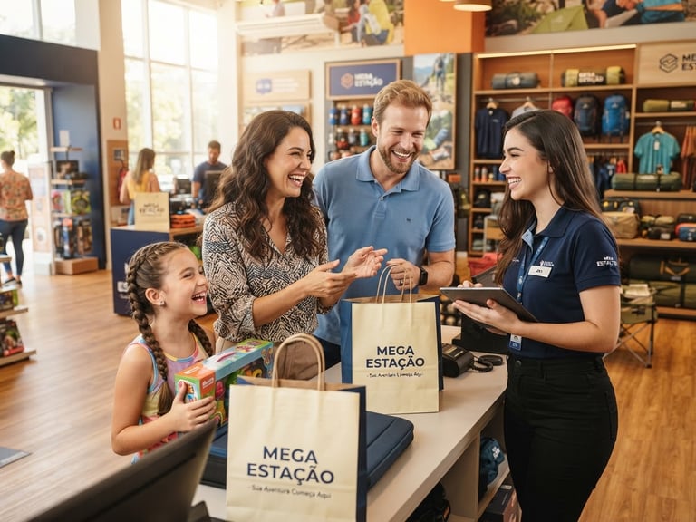 Família feliz interagindo com a equipe Mega Estação dentro de uma loja moderna e iluminada, sacolas personalizadas visíveis, foco na interação, estilo de fotografia comercial brilhante.