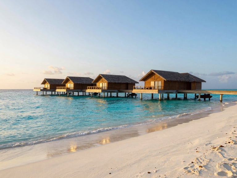 Overwater bungalow on a pristine private atoll, turquoise water, empty beach at dawn, soft natural light, wide environmental shot.