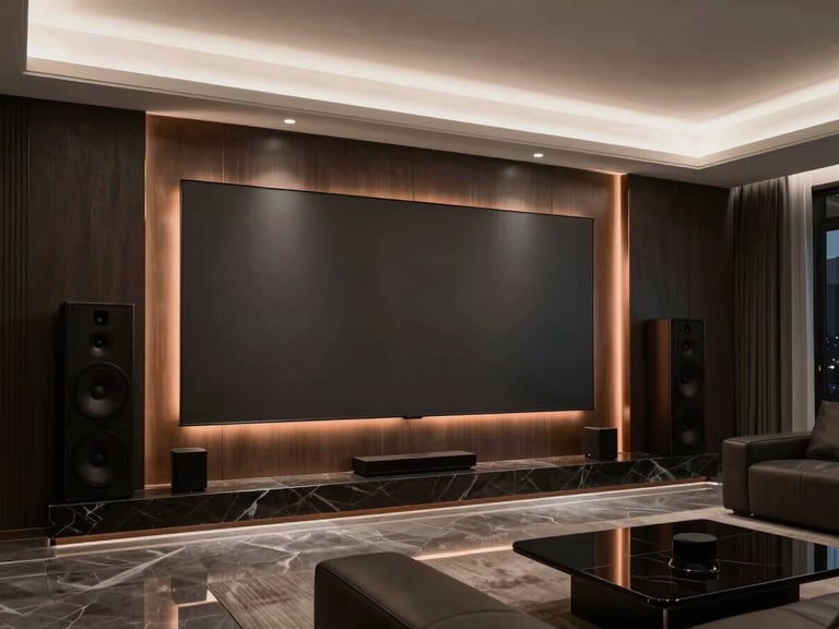 Luxury modern living room with hidden architectural speakers, soft ambient lighting, elegant interior design, 35mm.