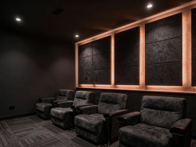 A wide-angle architectural photograph of a luxury private cinema in Coimbatore, featuring integrated acoustic wall panels in deep charcoal, soft warm copper LED lighting casting a low-key ambient glow, and plush minimalist seating, 35mm