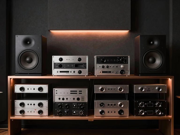 Minimalist high-fidelity listening room with clean equipment racks, brushed aluminum components, warm copper accent lighting, 35mm.