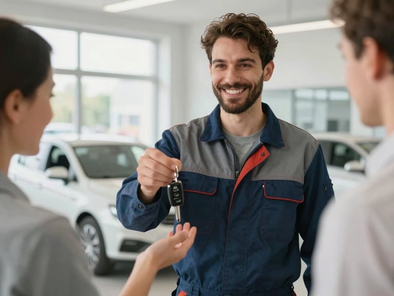 Eye-level medium shot of a friendly mechanic handing over car keys to a customer in a bright, clean Viennese dealership office, natural light