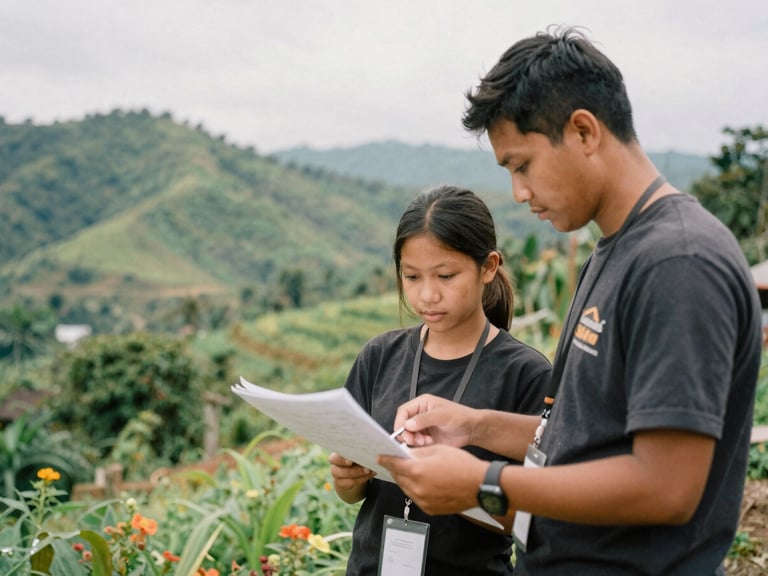 An environmental shot of a volunteer and a young Naga student reviewing agricultural plans outdoors under diffused daylight, lush green hills in background.