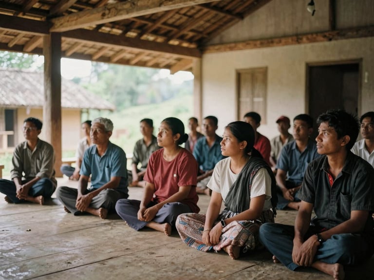 A group of community members sitting in a wooden village hall in Nagaland, listening intently during a workshop session, warm ambient indoor lighting.