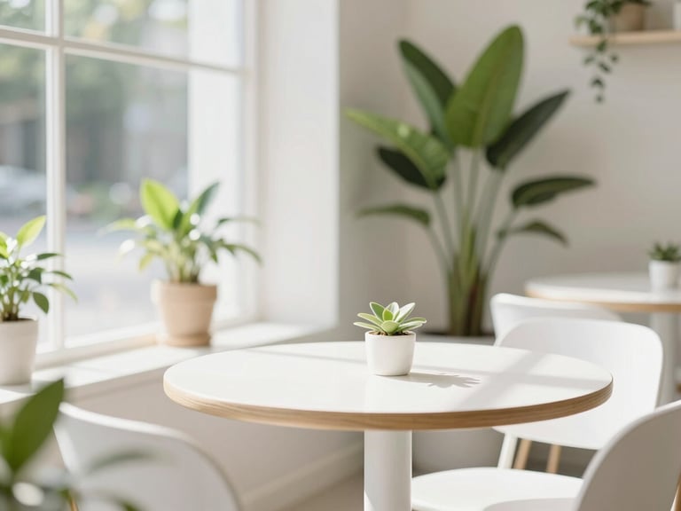 Bright, sunlit minimalist cafe interior with clean white tables, green plants, and soft natural light pouring through large windows.