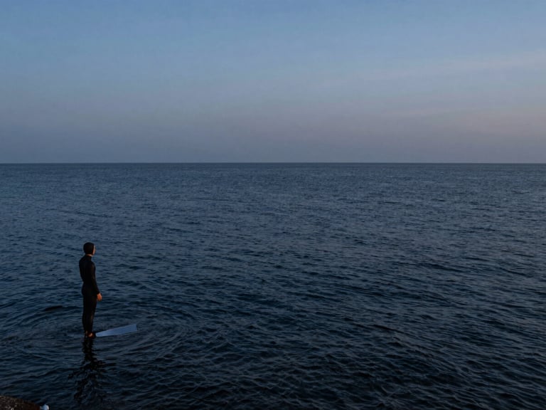 Wide panoramic pre-dawn coastline, a lone freediver in a wetsuit standing at the ocean's edge in the far left third, dark water stretching to the horizon, blue-hour ambient light, documentary-style unposed moment