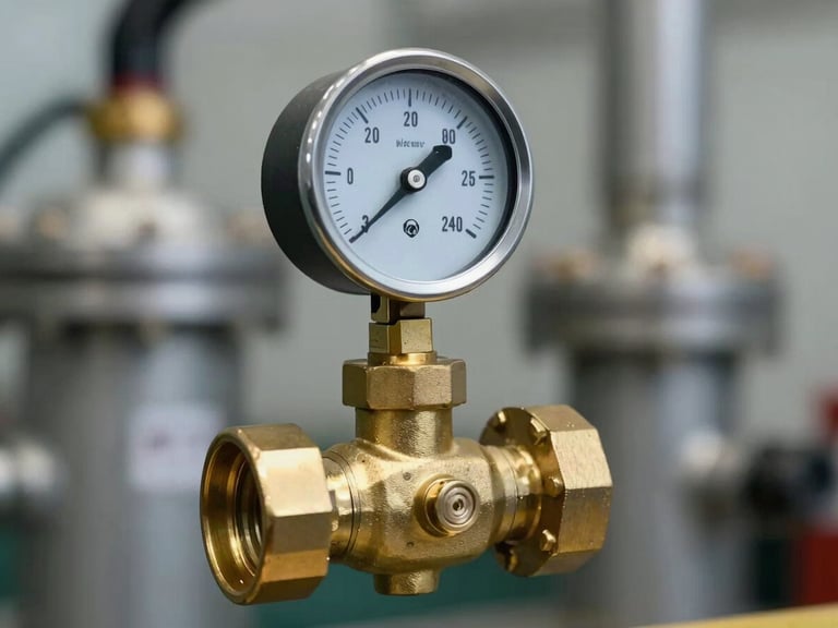 Macro close-up of a heavy-duty brass safety valve with a pressure gauge, cool-toned indoor utility lighting, sharp focus on mechanical details, clean-agent suppression system background.