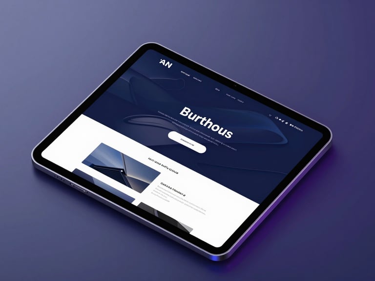 An isometric 3D mockup of a high-end dark mode website interface on a sleek tablet screen, neon blue and violet ambient light casting soft reflections on dark glass surfaces, high contrast, clean minimalist layout.
