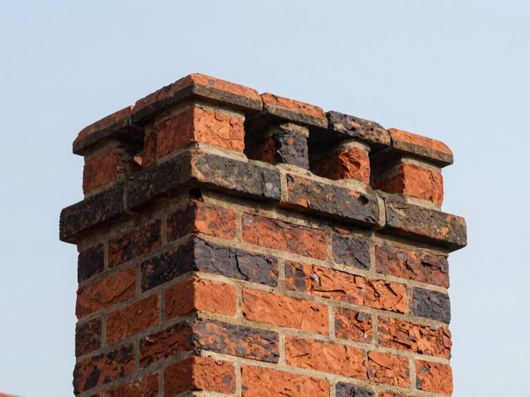 Historic brick chimney top being repaired, showing a new crown and freshly sealed joints, natural daylight, clear sky, focused on the texture of the brick and mortar, 35mm