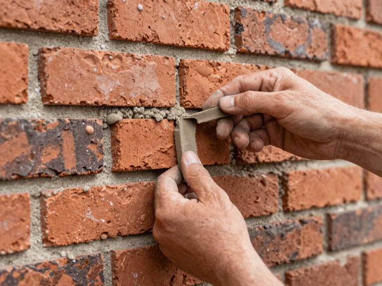 Close-up of a skilled mason's hands carefully tuckpointing a weathered brick wall, natural daylight, sharp focus on the new mortar and brick texture, warm terracotta tones, 35mm