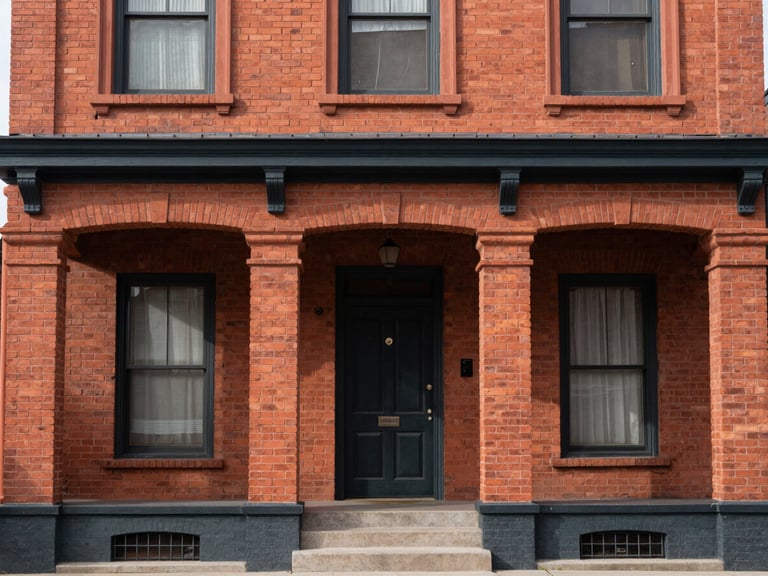 Wide shot of a beautifully restored historic Utah home facade, showcasing preserved brickwork and architectural details, natural daylight, warm terracotta and charcoal tones, 35mm