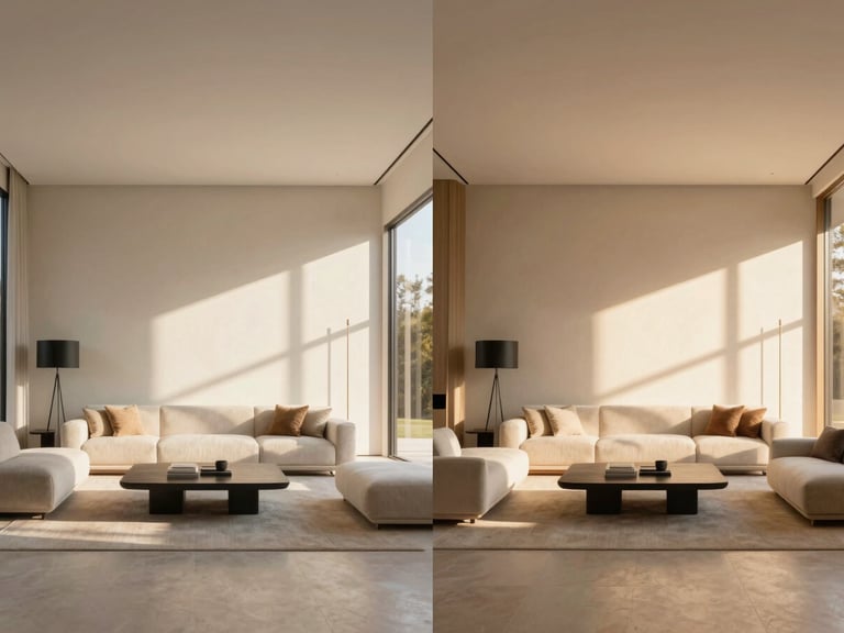 Side-by-side comparison image: left side shows a photorealistic 3D render of a minimalist luxury interior, right side shows the actual built interior space with identical furniture and finishes, soft daylight.