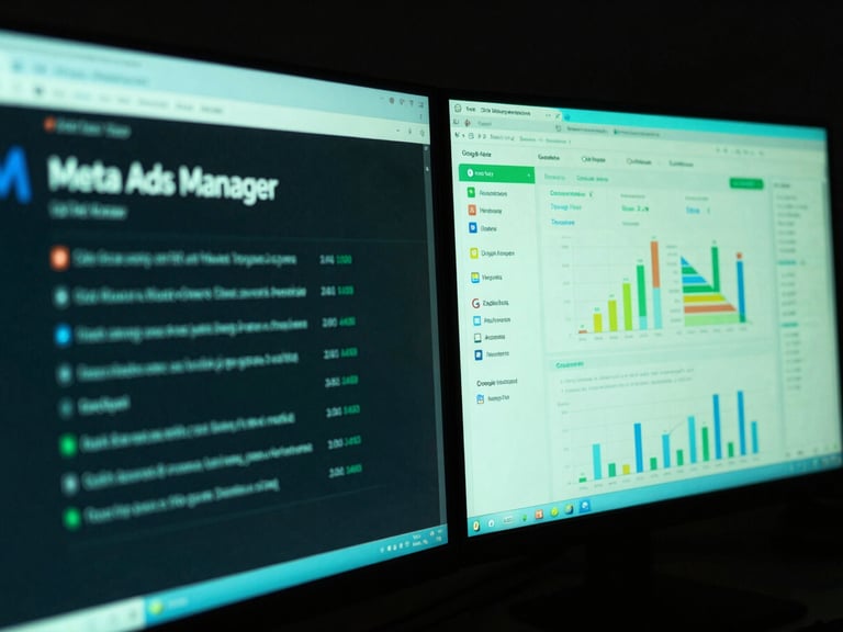 Extreme close-up of a dual-monitor workstation showing active Meta Ads Manager and Google Analytics dashboards, vibrant neon green and cyan screen-glow, sharp focus, dark room.