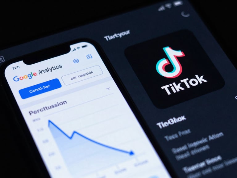 High-contrast screenshot of Google Analytics and TikTok Ads manager showing sharp cost-per-acquisition drops, cyber blue accents, dark mode interface