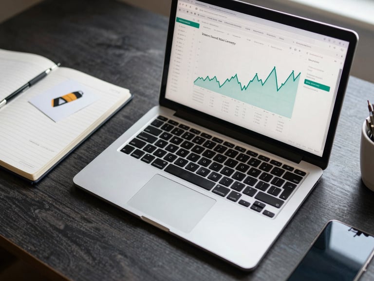 Overhead flat-lay of a modern workspace — open laptop showing Shopify analytics dashboard with a revenue spike graph, a design notebook, and a small product sample, crisp north-facing daylight, dark desk surface, precise editorial framing