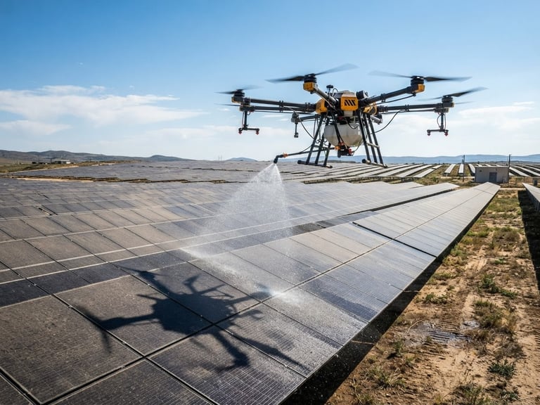 Crisp industrial photography of a professional heavy-duty drone spraying water on a large dusty solar panel array, bright clear daylight, high-contrast slate and yellow tones, sharp focus, 35mm lens