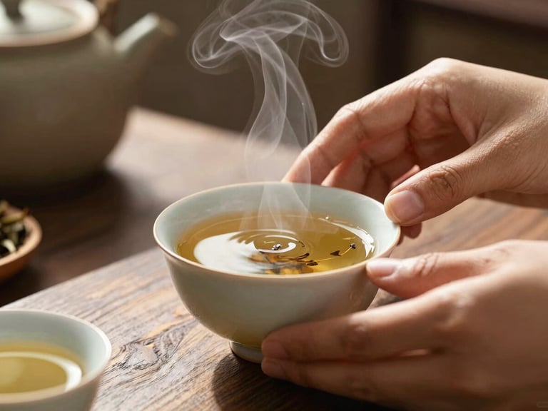 Delicate hands preparing herbal tea in a ceramic cup, warm steam rising, soft morning light leaks, tranquil atmosphere.