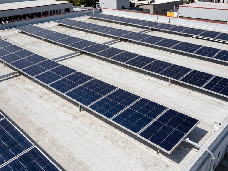Wide-angle architectural shot of a large industrial rooftop in Monterrey with high-efficiency solar arrays and neatly routed conduits, harsh bright Mexican sunlight, high-contrast blue and amber tones, 35mm