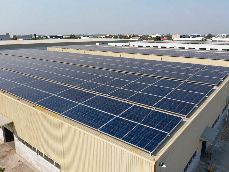 Wide-angle architectural shot of a massive industrial warehouse in Monterrey with extensive solar panel coverage, bright daylight, crisp commercial photography