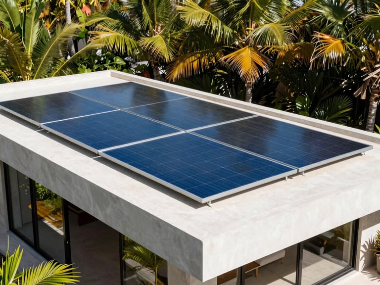 Luxury modern villa in Tulum with sleek solar panels integrated into the architectural roofline, surrounded by tropical foliage, bright natural sunlight