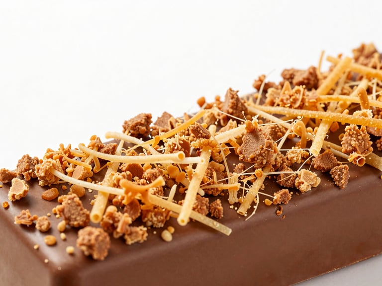 Close-up of viral Kunafa chocolate bar with crunchy kunafa strands, vibrant packaging, studio lighting, sharp focus, on a clean modern backdrop.
