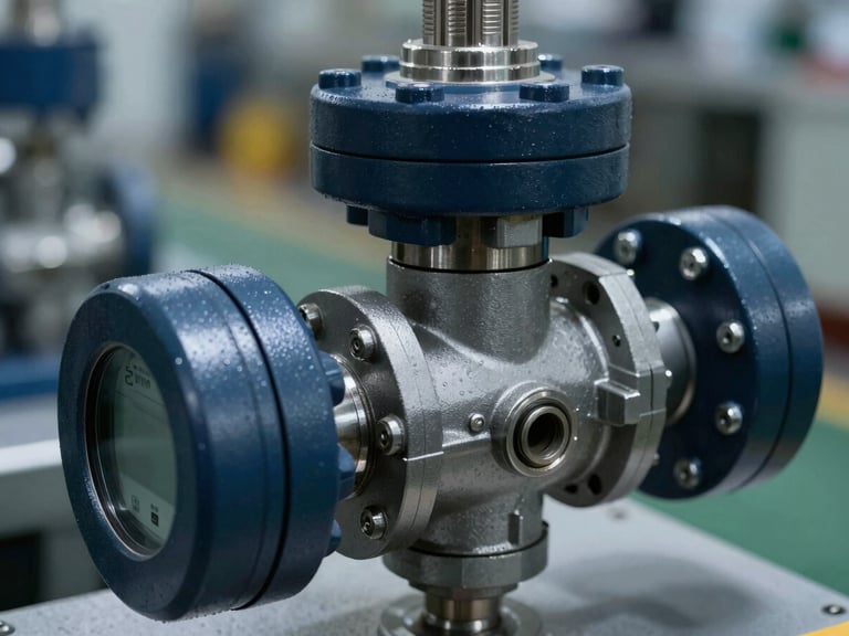 Macro detail shot of a heavy-duty modulating control valve with digital readout, high-contrast industrial lighting, deep slate and metallic tones, sharp focus, 35mm