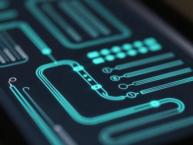 Macro close-up of high-fidelity abstract UI wireframes glowing with neon-cyan data pipelines on a dark screen, shallow depth of field, sleek technical aesthetic
