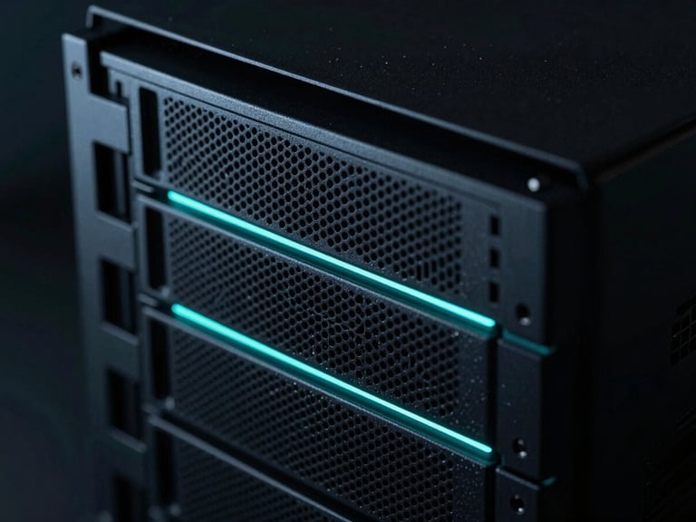 Sleek dark-mode tech photography, macro shot of clean server hardware glowing with cool neon-cyan ambient light, high-contrast minimal styling