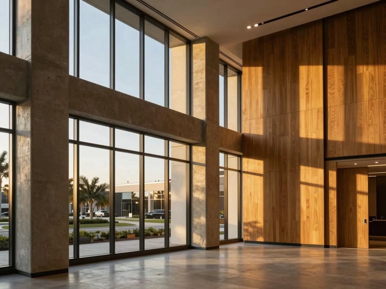 Architectural photography of a minimalist corporate lobby in Boca Raton, warm golden-hour light streaming through high windows, concrete and oak details, 35mm