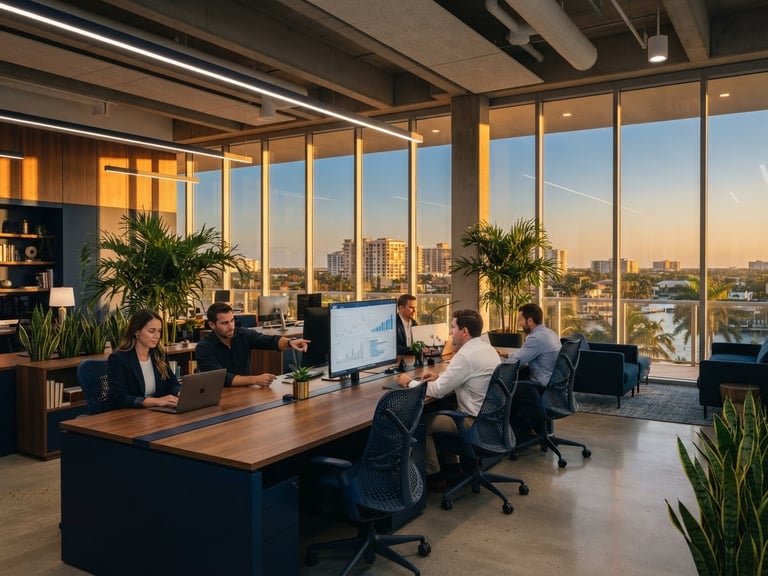 Wide environmental shot of a modern architectural office in Boca Raton, warm golden-hour light streaming through floor-to-ceiling windows, sharp focus, rich navy tones, 35mm.