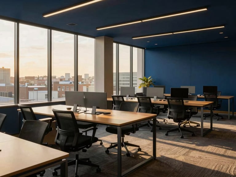 Wide environmental shot of a sleek modern office workspace with collaborative tables, natural light, rich navy accents, 35mm