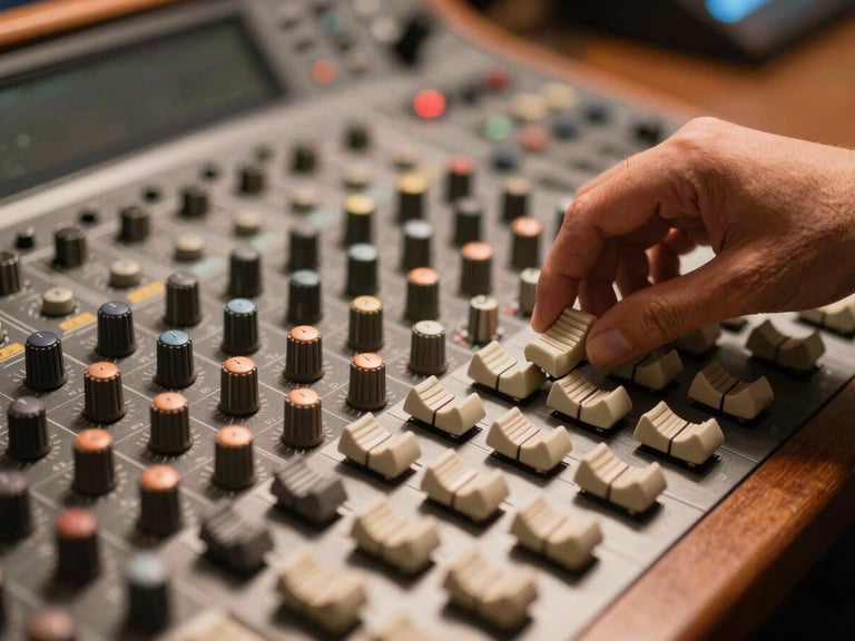 Mains ajustant les curseurs d'une console de mixage audio professionnelle dans un studio d'enregistrement.