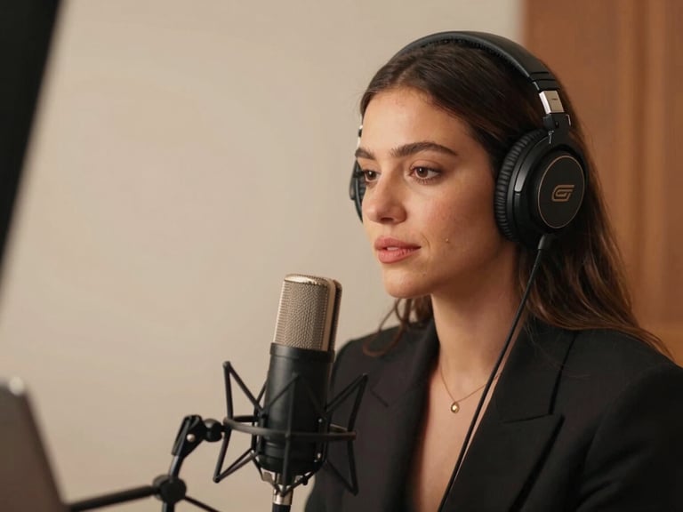 Une actrice voix off devant un micro de studio haut de gamme, casque audio sur les oreilles, ambiance chaleureuse.