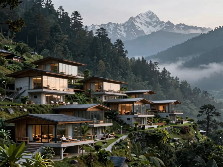 Architectural rendering of a luxury five-star eco-resort nestled into the steep forested hillside of Phulchoki, glass facades reflecting the distant Himalayan peaks, misty morning light