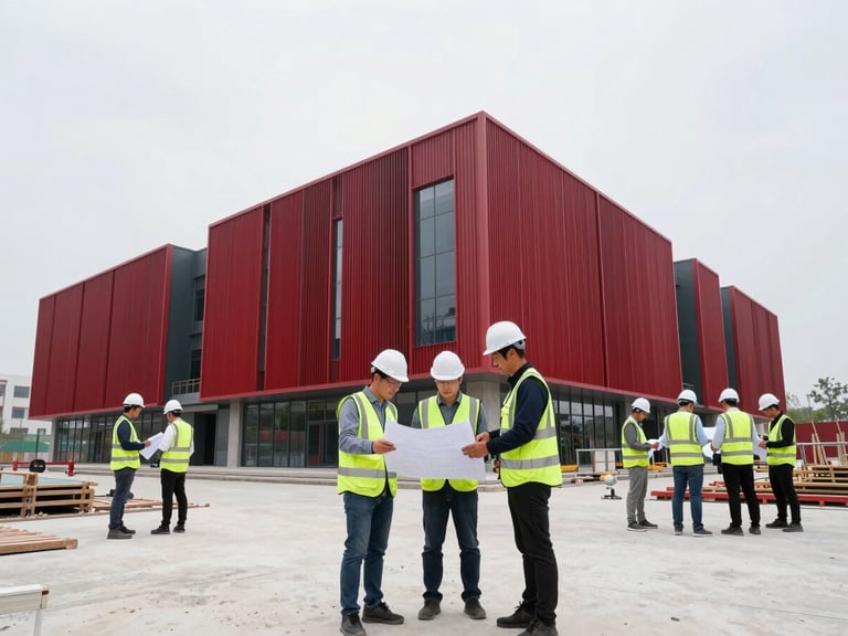Construction engineers in high-visibility gear reviewing blueprints on a modern building site under bright overcast daylight, wide environmental shot showcasing scale