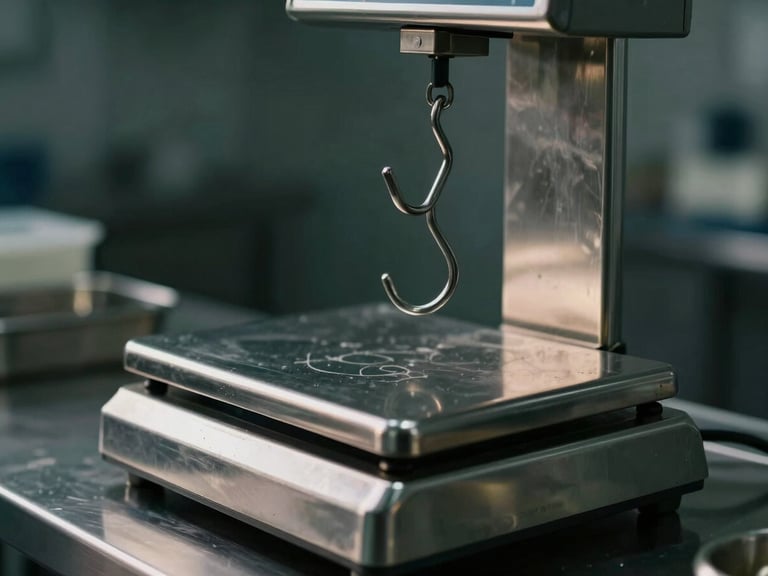 Close-up of stainless steel receiving scales and clean metal hooks in a brightly lit, sterile intake bay.