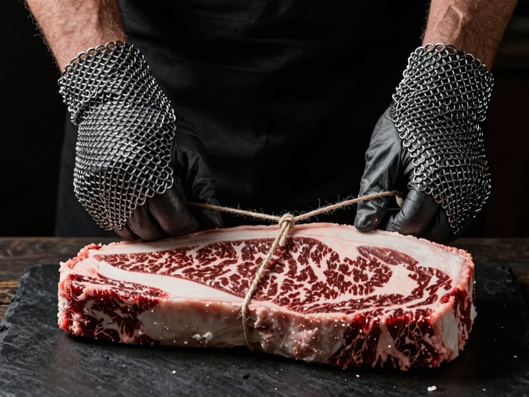 Hands in protective chainmail gloves tying butcher's twine around a premium cut of marbled beef, directional side-lighting.