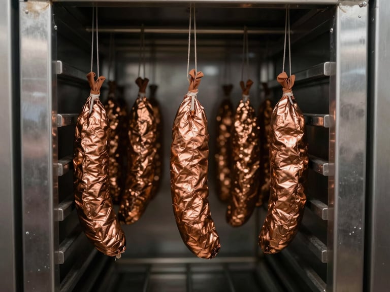 Rows of copper-toned salamis hanging in a dark, stainless steel curing chamber with soft side-lighting.