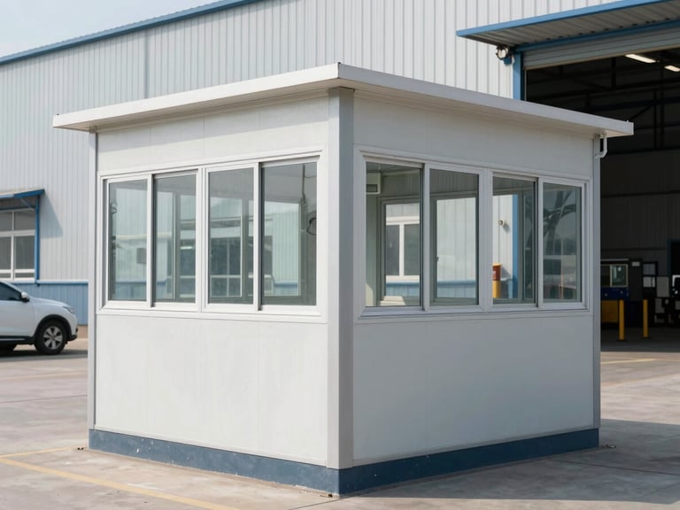 A compact security cabin with large windows on all sides, positioned at an active industrial factory entrance, daytime.