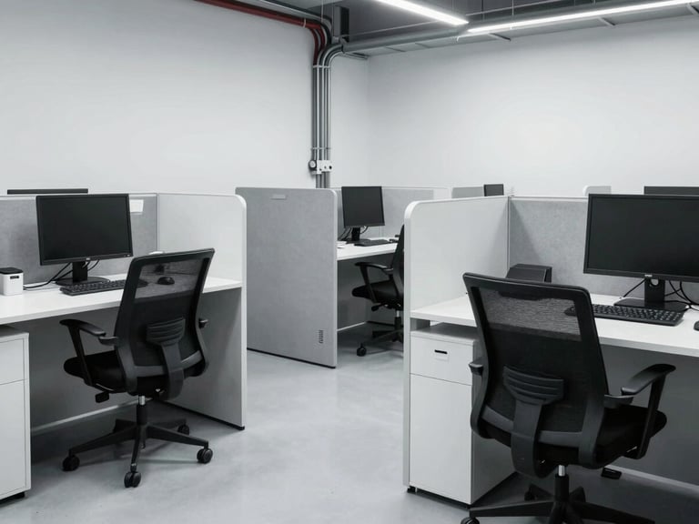 Clean cabin interior fitted out as a modern site office with desks, chairs, and integrated electrical conduits, high-contrast daylight.