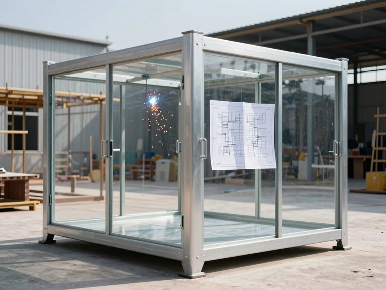 An industrial workshop with a heavy-duty steel portable cabin frame under construction, structural welding sparks in the background, sharp focus, technical blueprint aesthetic.