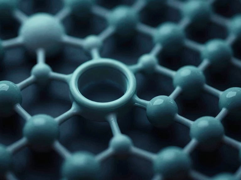 Macro close-up of a structured biochemical molecular grid, dark moody editorial photography, cool teal rim lighting, deep navy shadows, sharp focus, 35mm