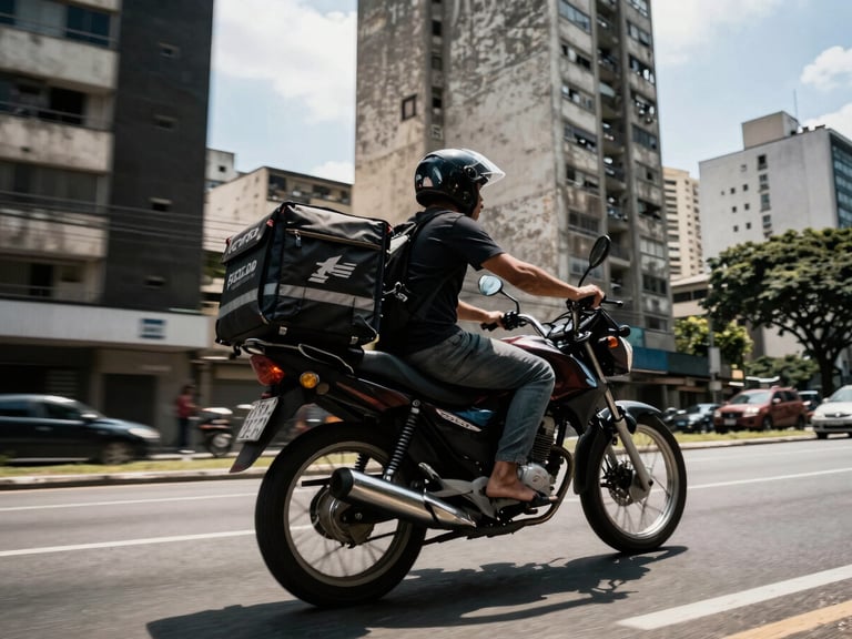Low-angle dynamic shot of a motorcycle courier riding through São Paulo streets, high-contrast daylight, motion blur, 35mm lens