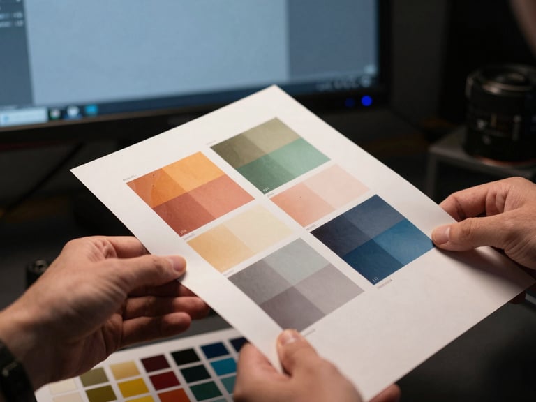 Hands inspecting a printed color proof sheet against a calibrated monitor in a dark studio, strobe light catching the paper surface grain and ink gloss, color swatches visible in the lower frame edge