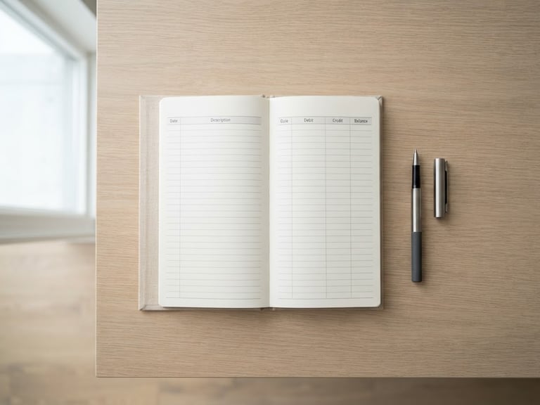 A clean overhead flat-lay of a minimalist desk with a structured paper ledger, a sleek pen, and diffused natural daylight.