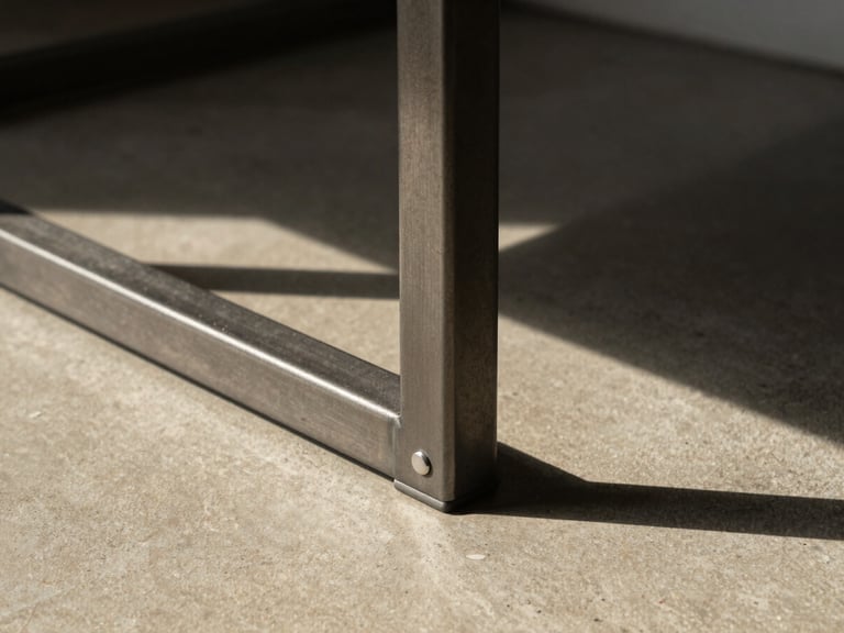 Architectural close-up of a minimalist metal furniture joint in hard direct sunlight, casting a sharp shadow onto a warm concrete floor, medium format