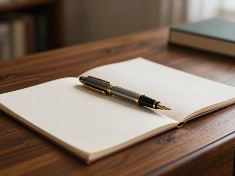 Soft natural light illuminating a classic mahogany desk with heavy cotton paper and a fountain pen, soft-focus background, warm and elegant atmosphere.