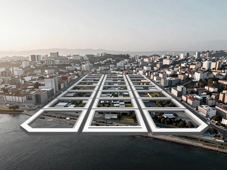 High-altitude abstract drone shot of the Portuguese coastline near Porto and Matosinhos, clean geometric lines of urban planning, soft morning light, desaturated Scandinavian tones