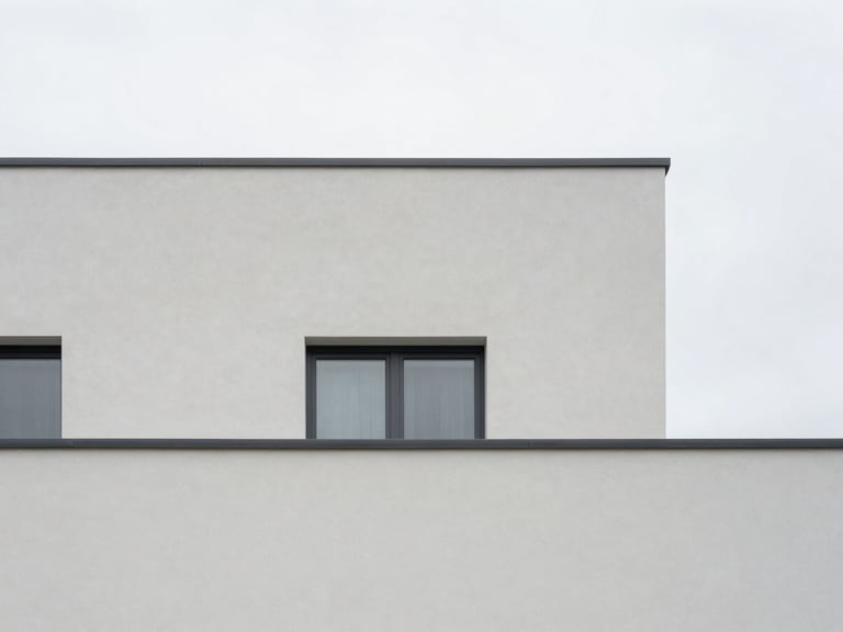 Minimalist architectural detail of a Scandinavian-inspired residential facade with clean geometric lines, soft overcast daylight, desaturated tones